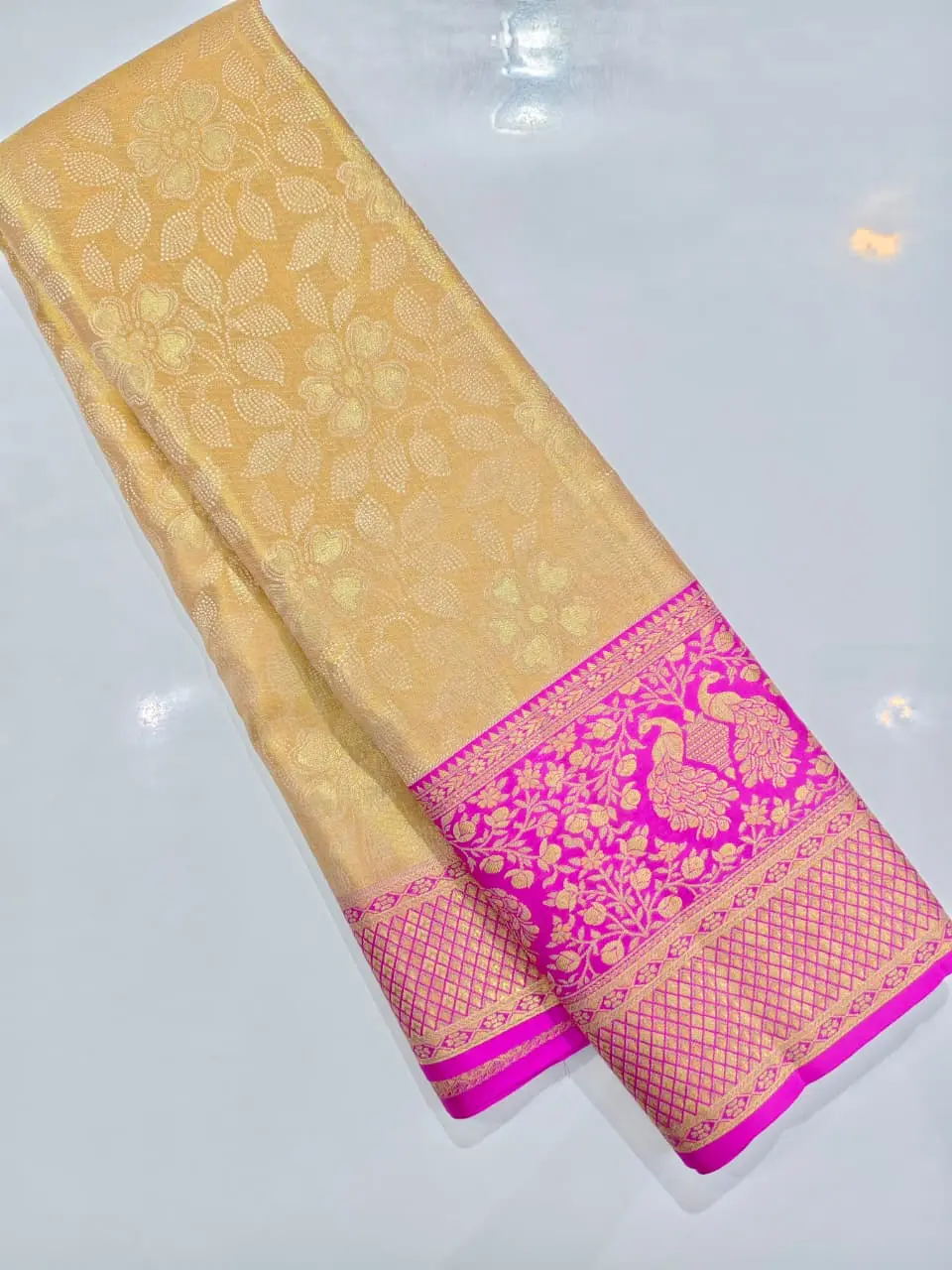 Gold with Rani Pink border Zari Kanchipuram Silk Saree